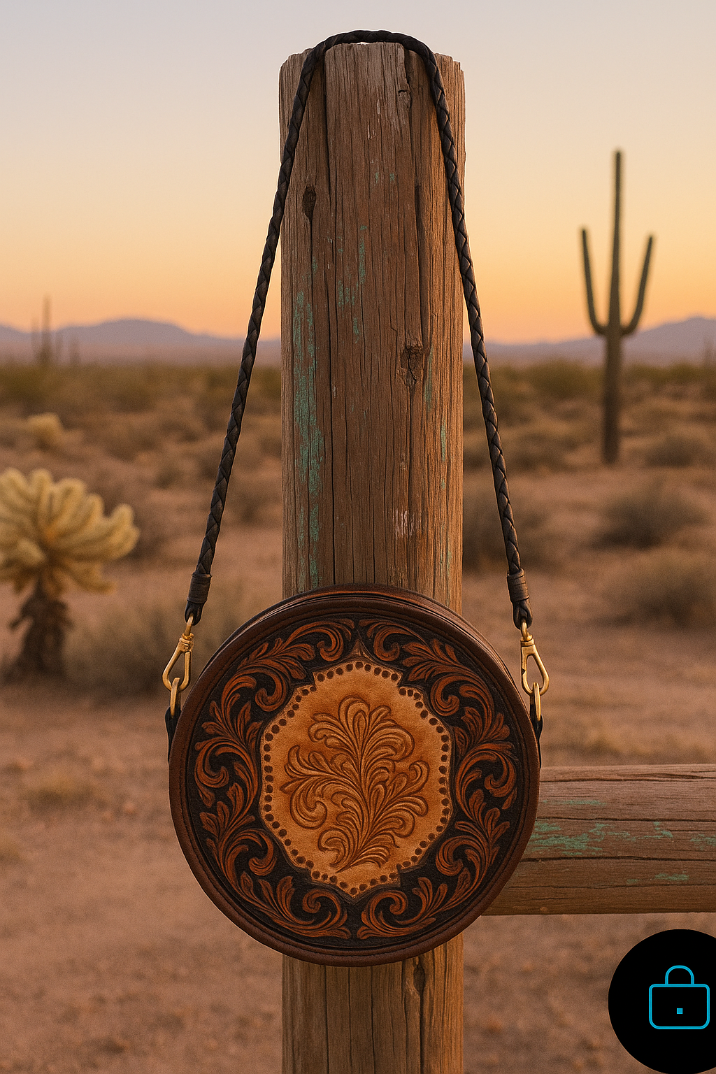 Handmade tooled leather round crossbody bag in light and dark brown with western floral design