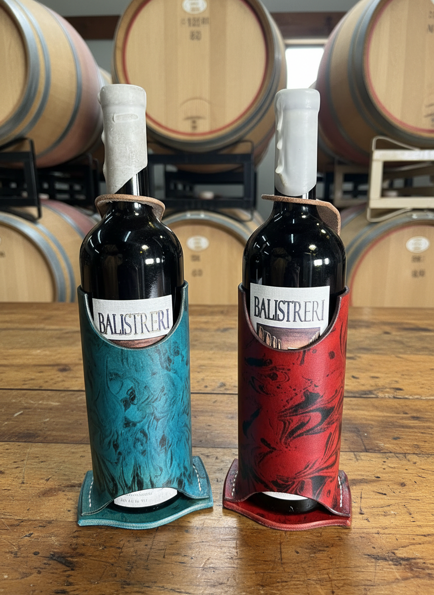 Handcrafted tooled leather wine bottle holders – turquoise and red custom-dyed floral leather with tan straps