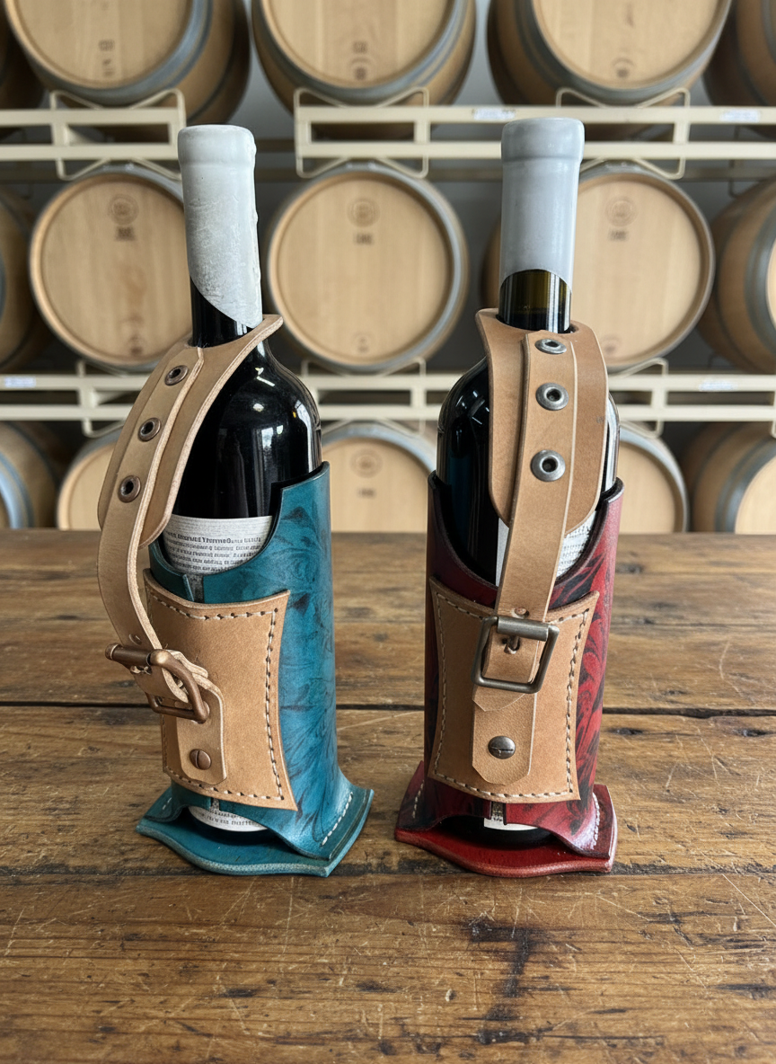 Custom Leather Wine Bottle Holders in Winery