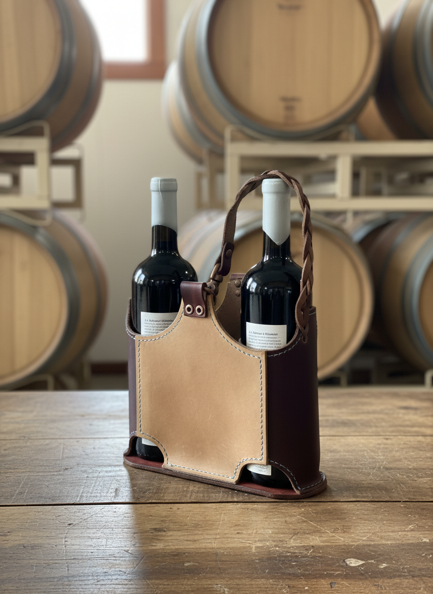 Handcrafted leather double wine carrier – rustic brown leather two-bottle wine holder with tan panel and braided handle
