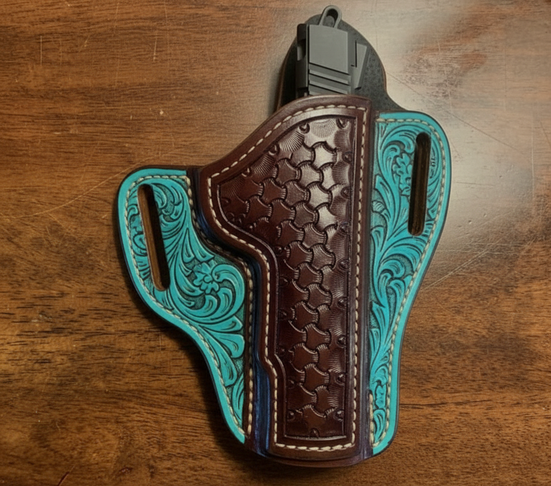Custom tooled leather gun holster with turquoise floral tooling and burgundy basketweave panel – handcrafted made-to-order holster