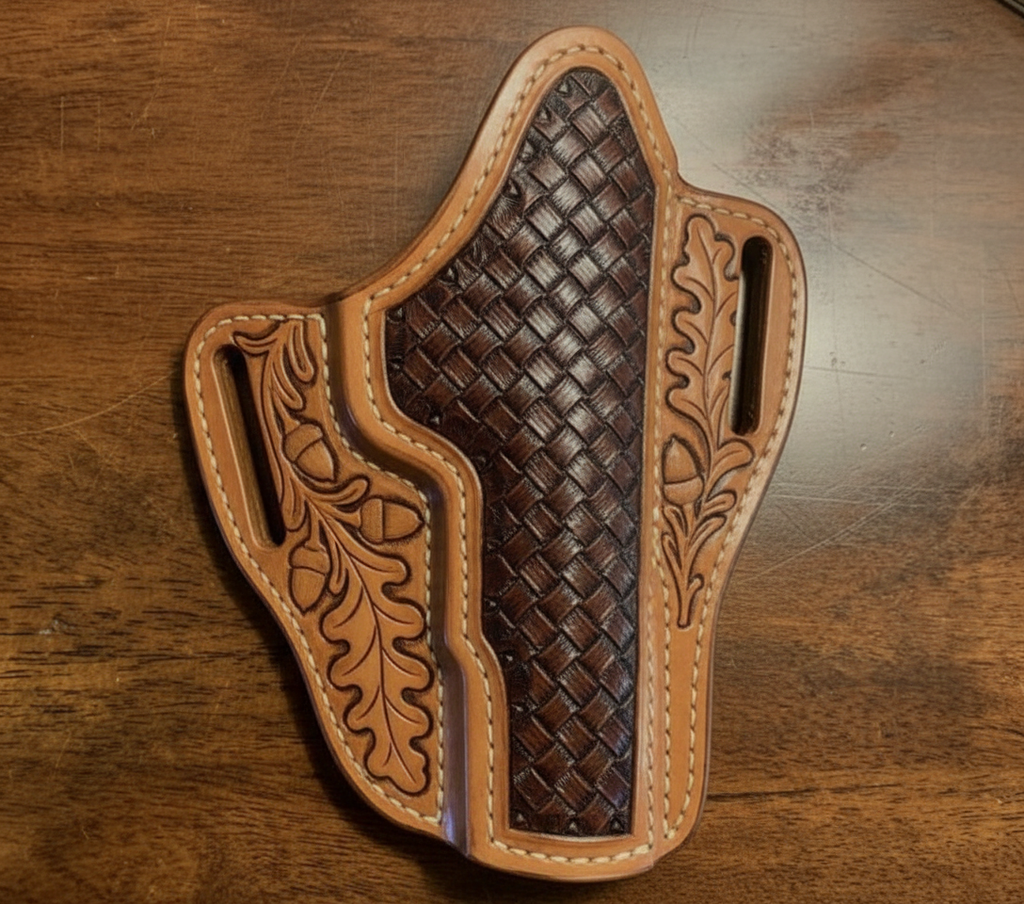 Hand-tooled leather gun holster in natural brown with basketweave pattern and acorn details – custom made to order