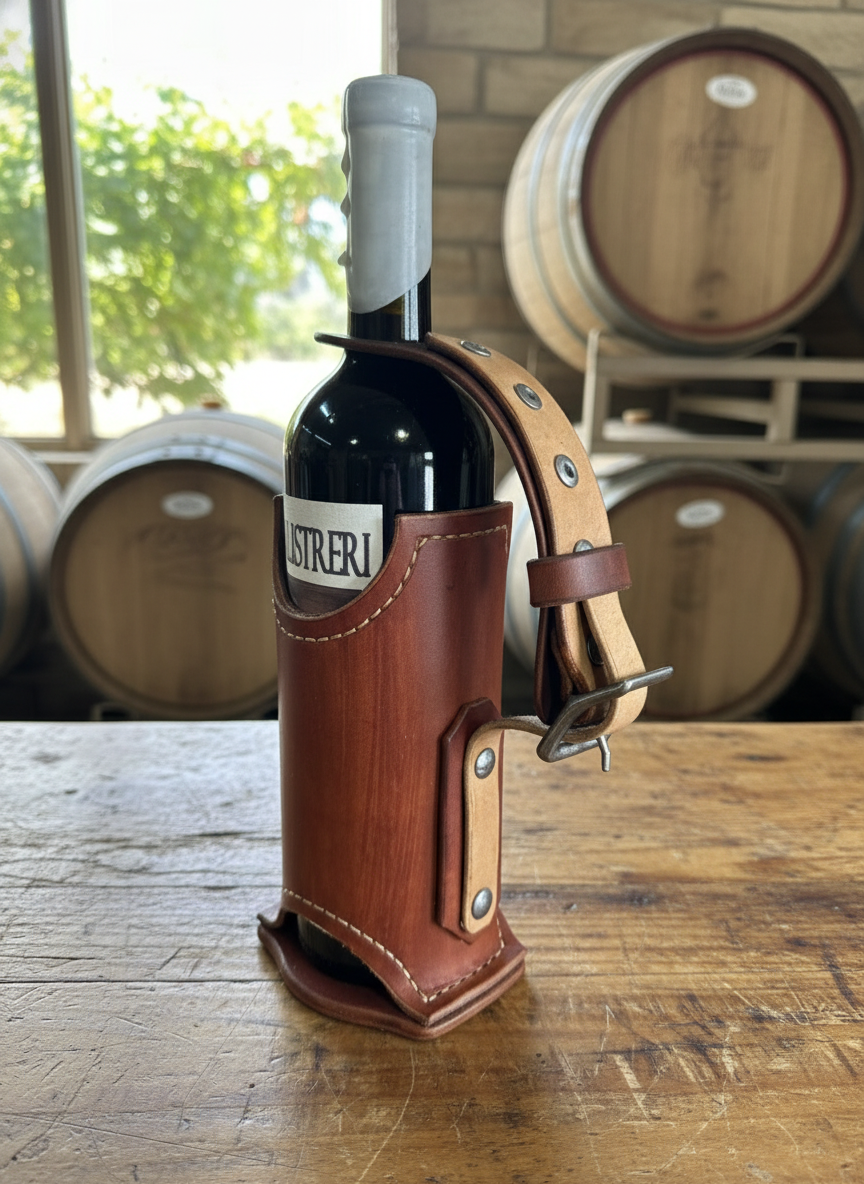 Handcrafted leather single wine carrier – brown full-grain leather with tan strap on wood table