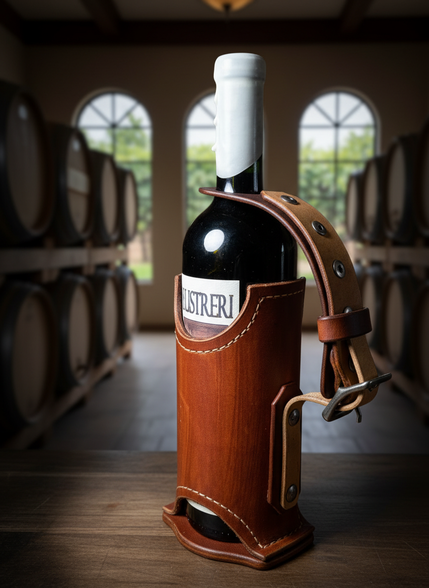 Handcrafted leather single wine carrier – rustic brown leather wine holder with reinforced strap in winery setting
