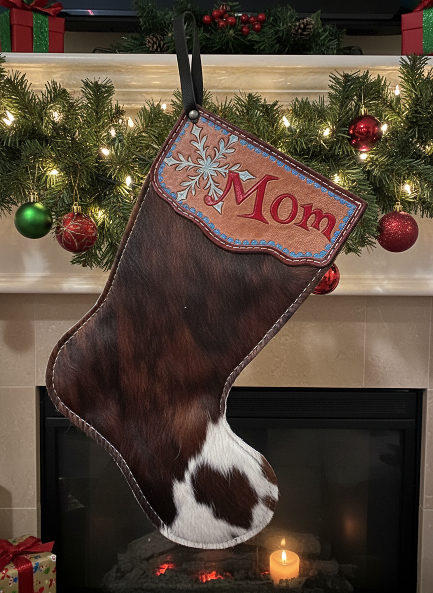 Custom cowhide leather Christmas stocking with hand-tooled name flap reading “Mom” hanging on fireplace – personalized Western holiday décor
