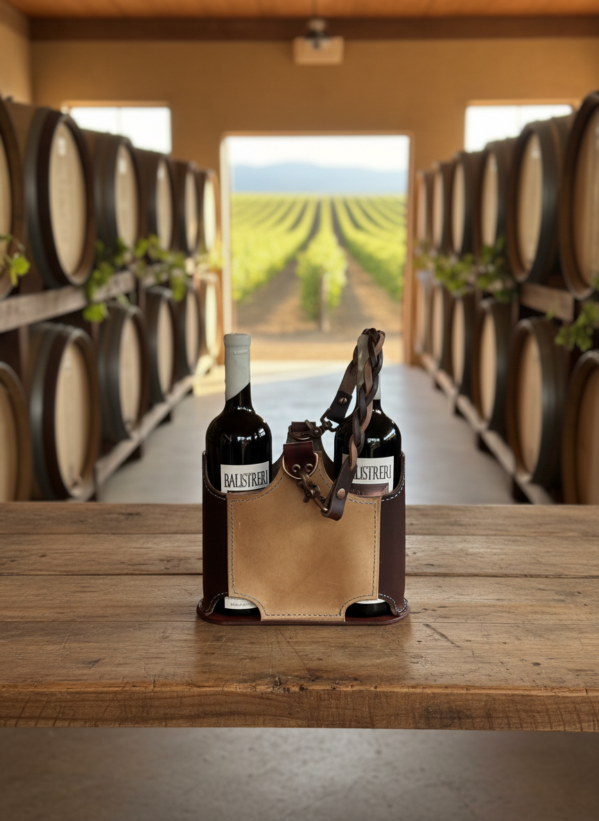 Handcrafted leather double wine carrier – brown and tan full-grain leather two-bottle holder with braided strap in winery setting
