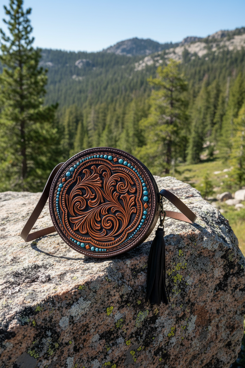 Hand-tooled round leather crossbody bag with saddle tan floral tooling, turquoise accents, and dark brown edging.