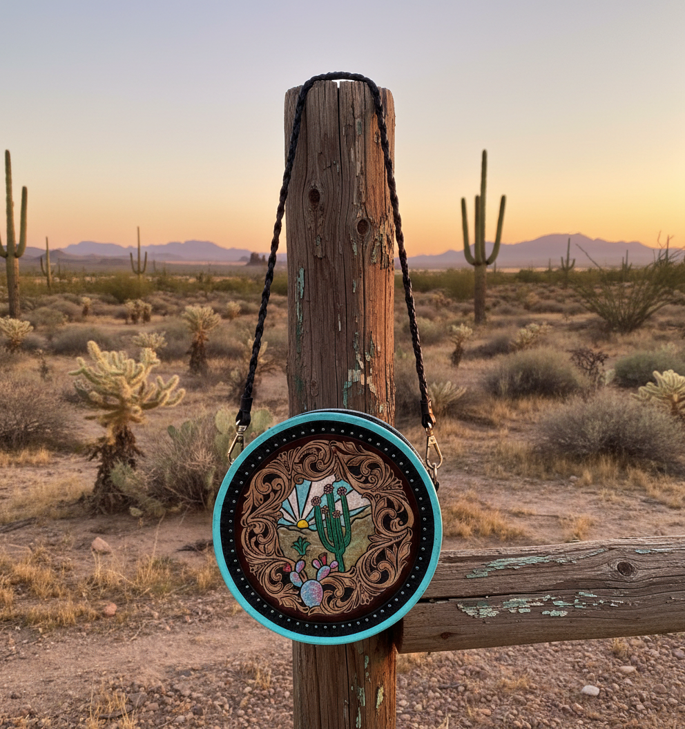 Handcrafted 8-inch leather canteen purse hanging on fence post at desert sunset – tooled Western cactus and floral design with turquoise edge