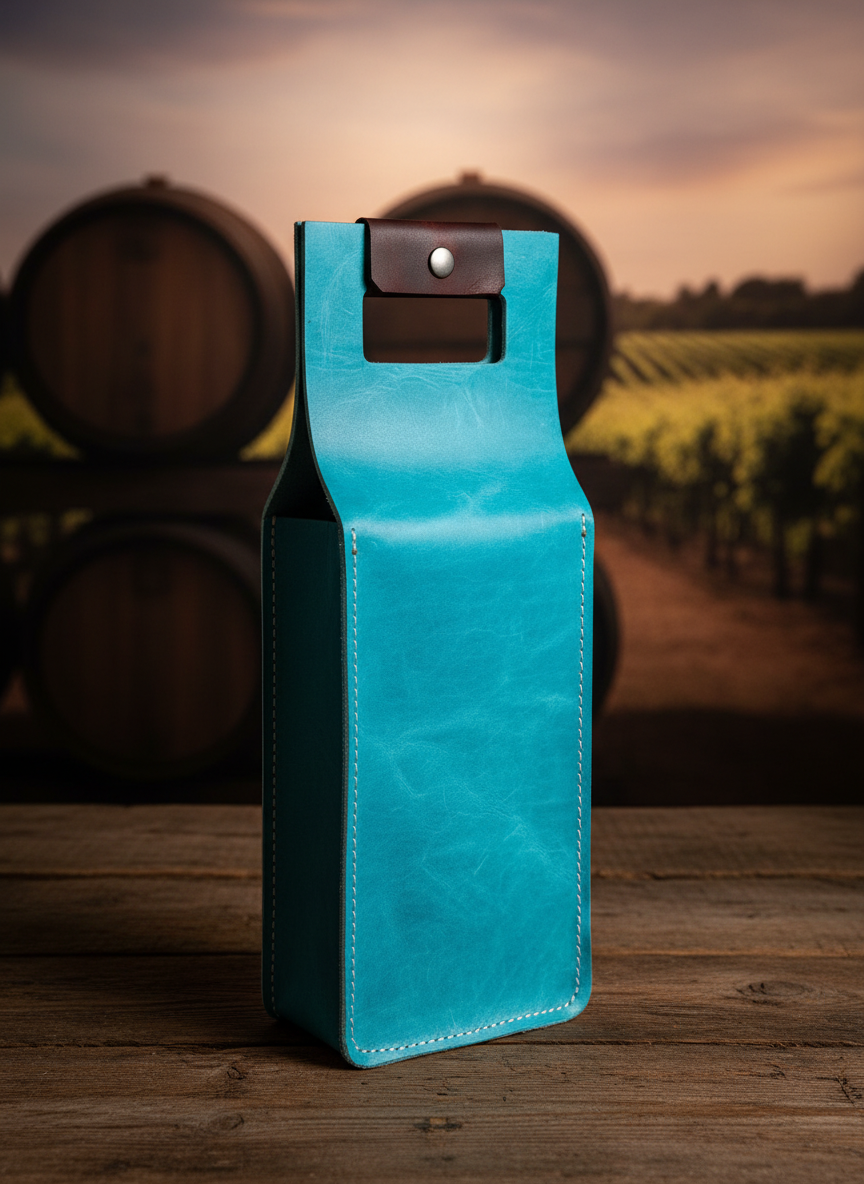 Handcrafted turquoise leather wine tote – premium full-grain leather wine carrier with reinforced handle