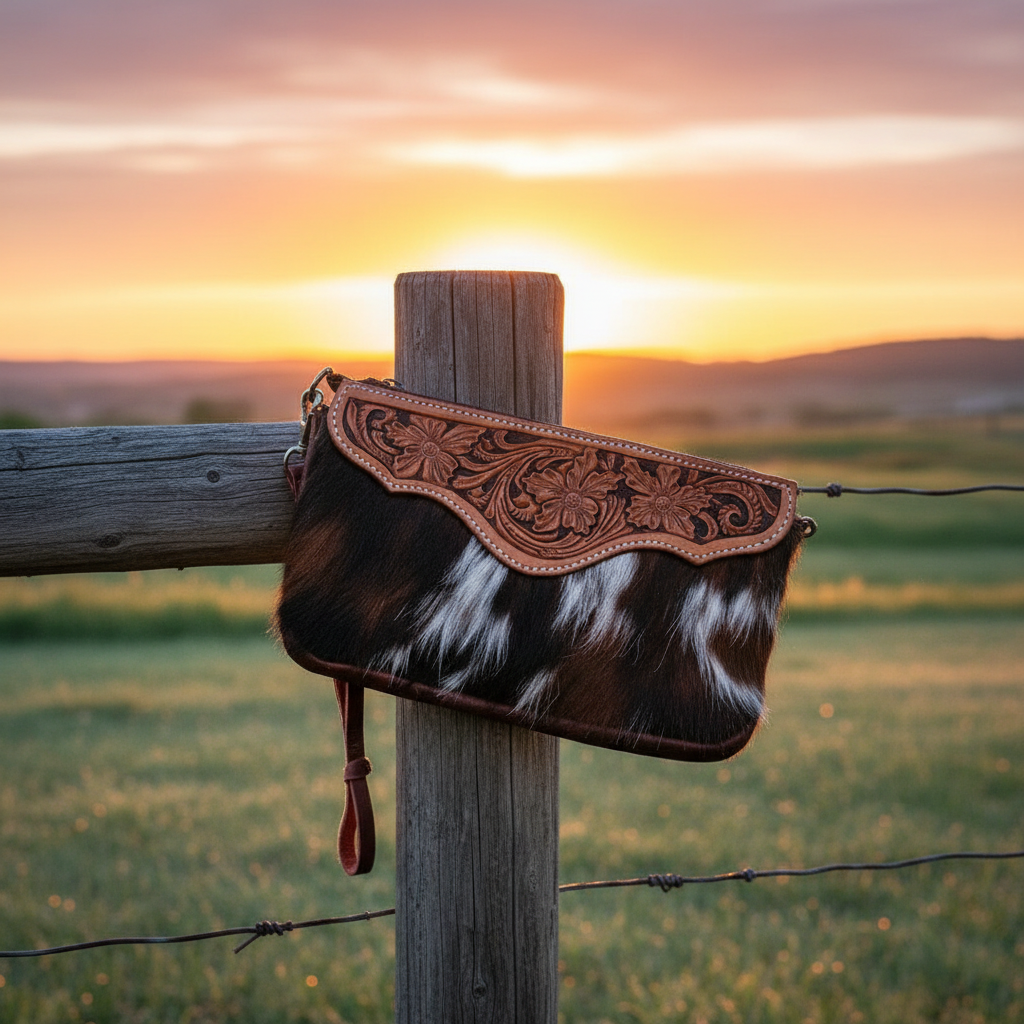 Cowhide leather wristlet with hand-tooled floral flap hanging on wooden fence at sunset – Western handcrafted clutch